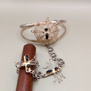 Elegant Silver and Black Spider Web Bracelet and Ring Set